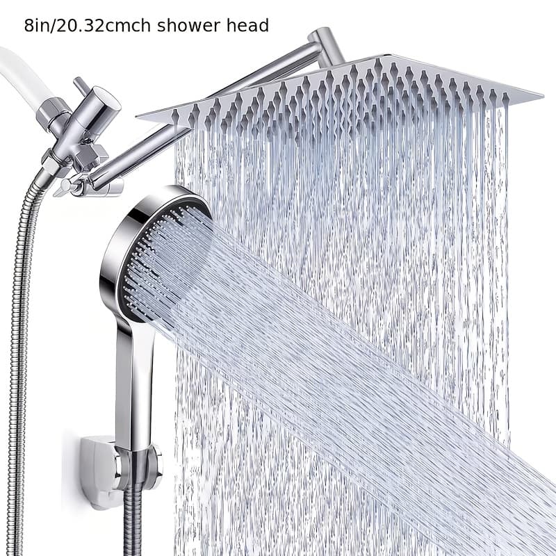 TEMU Shower Head, 8 Inch High Pressure Shower Head/handheld Shower Combo With 11 Inch Extension Arm, 5 Settings Adjustable Anti-leak Shower Head With Holder/hose, Height/angle Adjustable