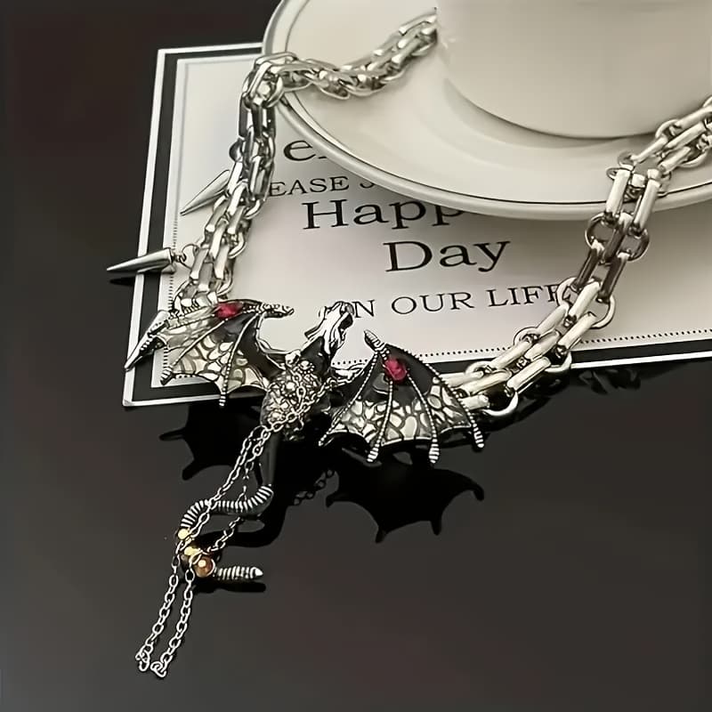 TEMU Stylish Dragon Pendant Necklace With Synthetic Gem Inlay – Alloy Chain For Men And Women, Parties, Nightclubs, And Festivals, Dragon Decor
