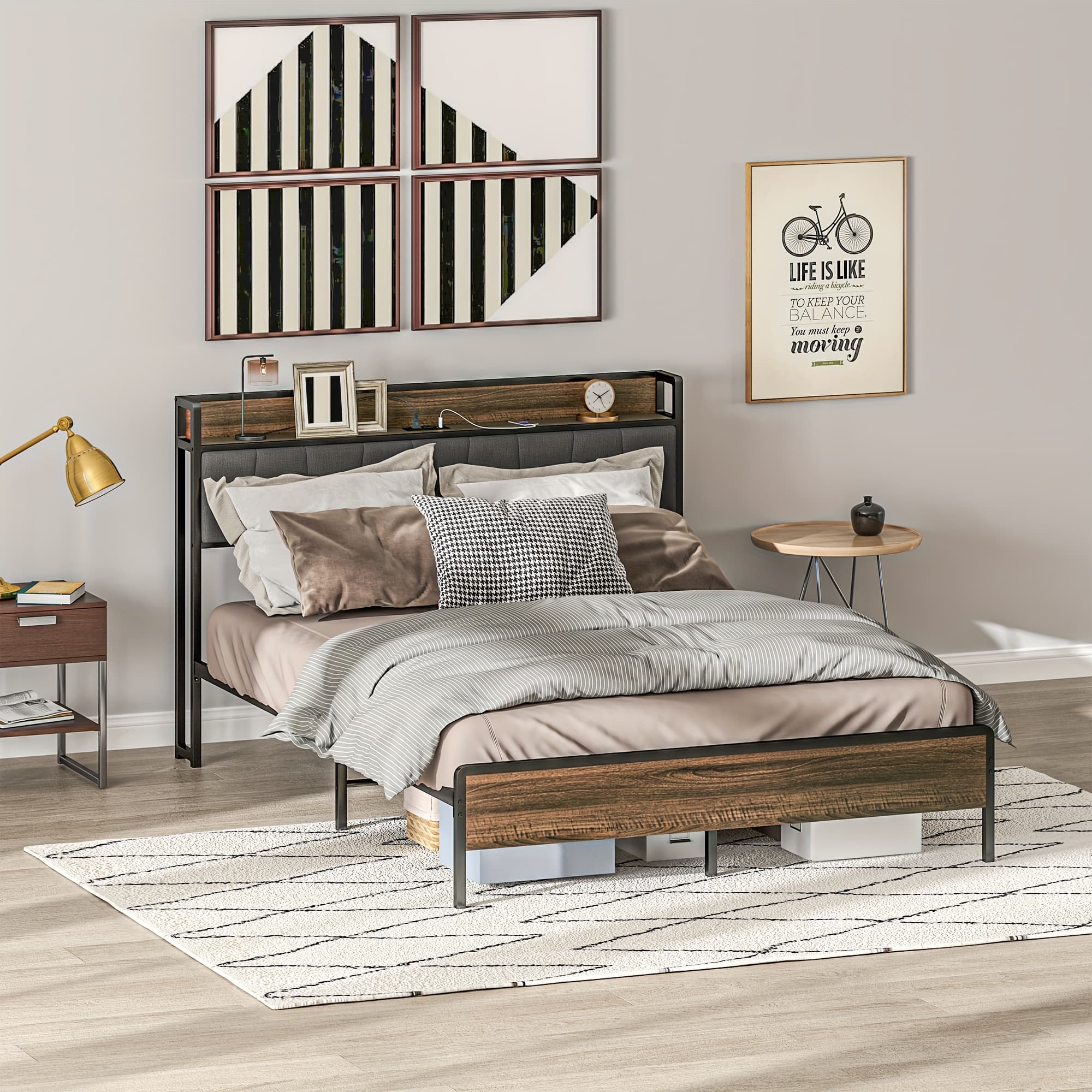 TEMU Homcom Queen Bed Frame With Storage, Platform Bed Frame With Charging Station, Upholstered Headboard, Steel Slats, And Easy Assembly, Spring Needed, Walnut