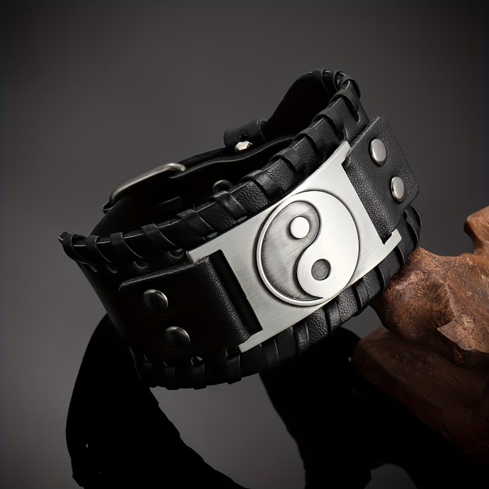 TEMU 1pc Of Vintage Men's Faux Leather Woven Bracelet With A Wide Yin-yang Pattern For Men.