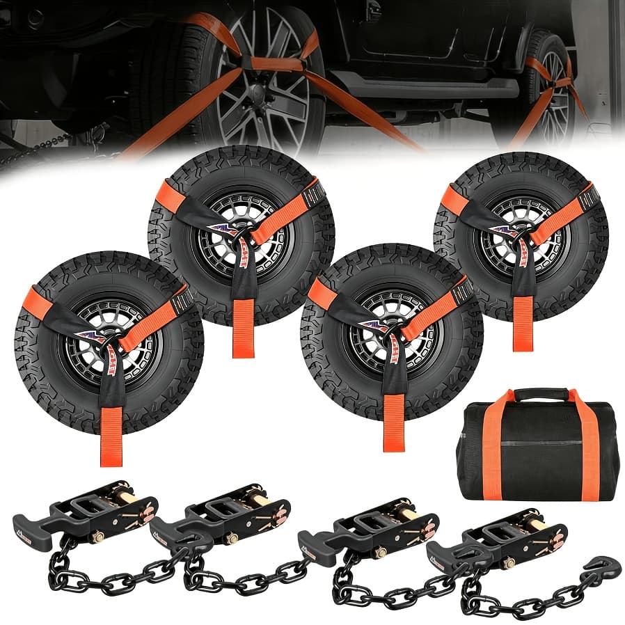 TEMU Heavy Duty 4 Pack Car Tie Down Straps For Trailers With Chain Anchors 2" X 96" Style Wheel Straps Working Load Adjustable Wheel Straps With Chain Hook Anchors For Truck, Cars, Utv, Car Additions
