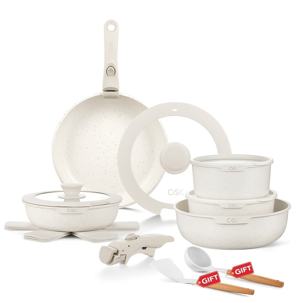 TEMU 17pcs Cookware Set With Detachable Handle, Nonstick Pots And Pans Set With Removable Handle, Non Toxic -free Cooking Set, Induction & Oven Safe, White