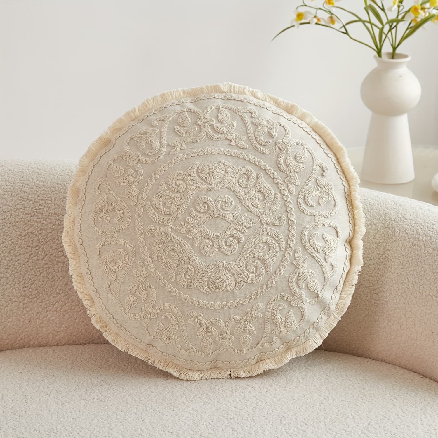 TEMU 1pc, Natural Linen Round Pillowcase, Medallion Pillowcase With Fringe Decoration, Single Side Tufted Embroidery, D16.9inch, Suitable For Sofa, Living Room, Bedroom Home Decoration, No Pillow Core