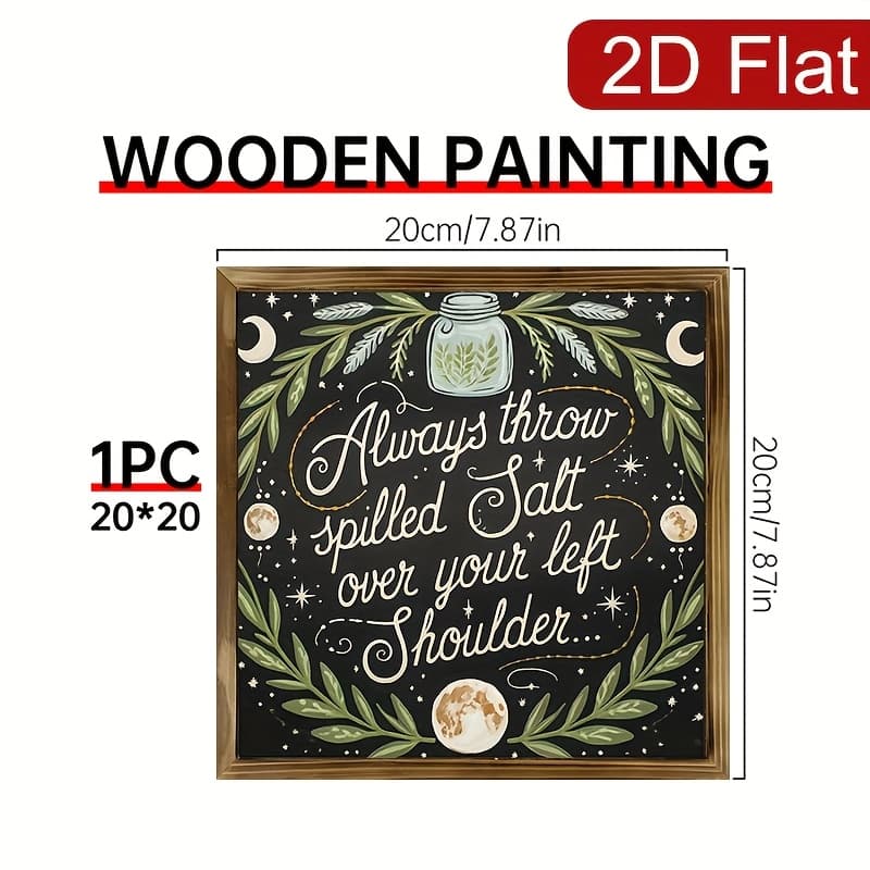 TEMU 2d Flat, 1pc Wooden Sign Wall Decor Throw Salt Over Left Shoulder , Stars And Moon Kitchen, Living Room, Bedroom Decoration Halloween/christmas Decor No Electricity Needed 20 X 20cm