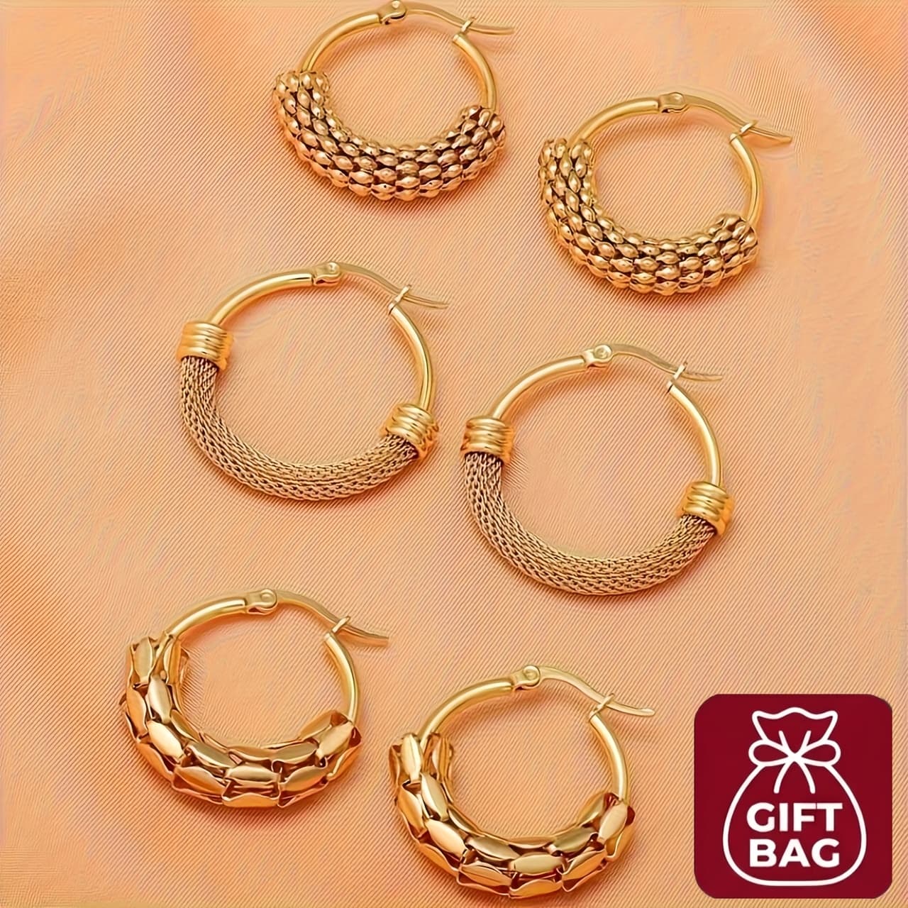 TEMU 3 Pairs Stainless Steel Textured Grain Earrings, Fashion Hoop Earrings Set For Women, Vintage & Bohemian Style, Chic Jewelry Accessory, With Gift Bag