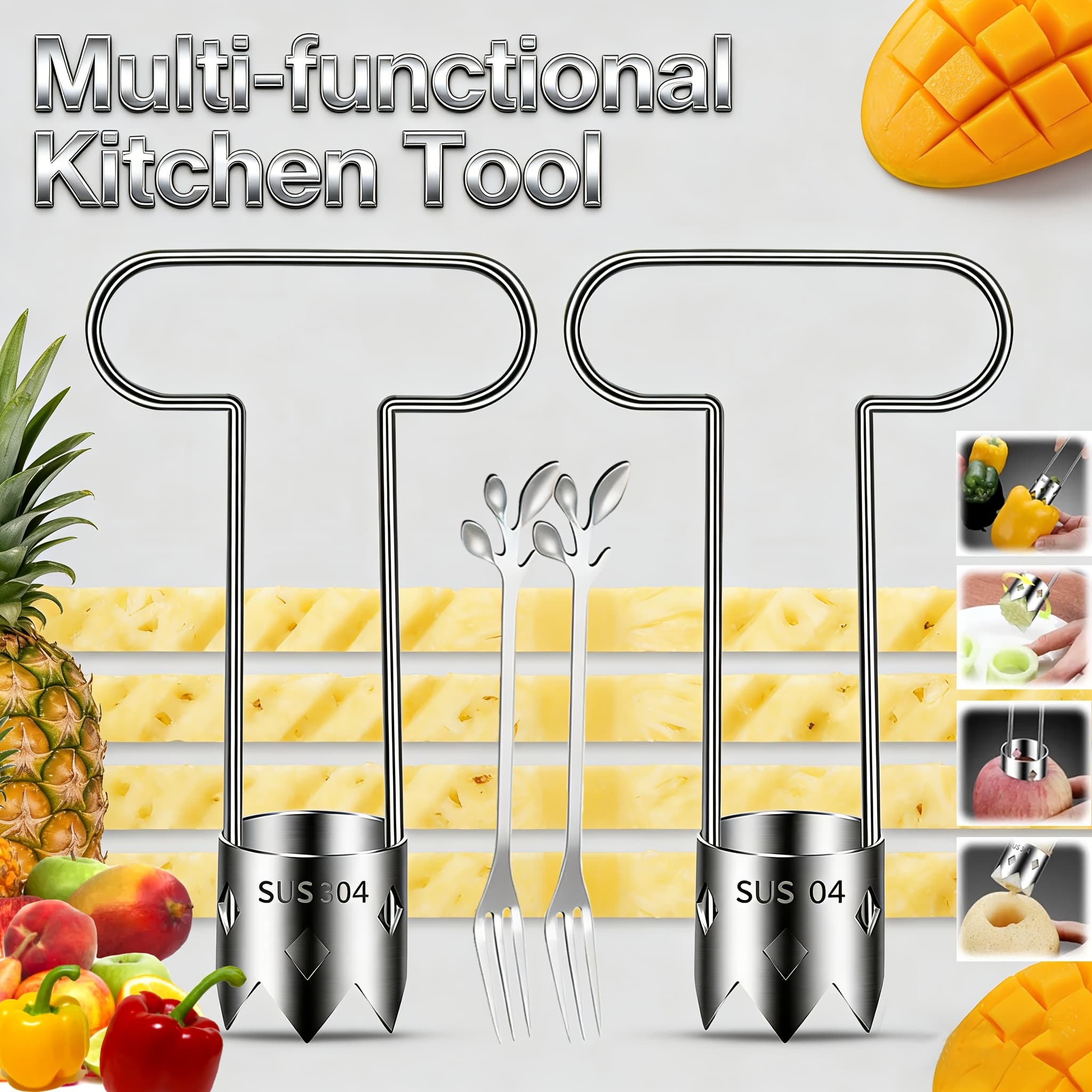 TEMU 2pcs Heavy-duty Stainless Steel Fruit & Vegetable Corer Tool With Removal Tip - Remover For , , Tomatoes, Peppers, Cabbage, Pineapple - - Kitchen Utensil For (compatible With)
