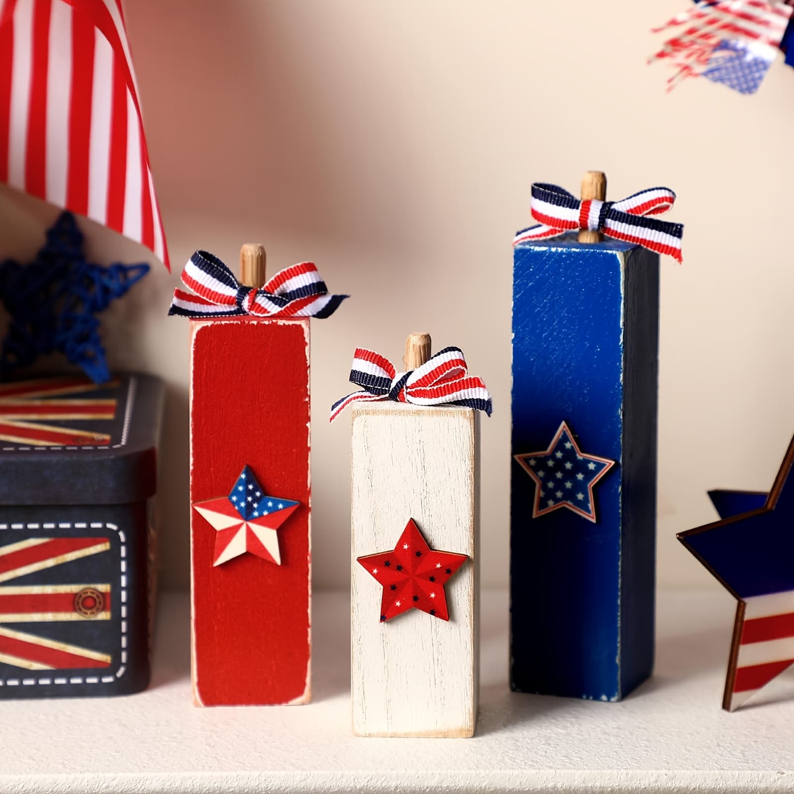 TEMU Patriotic Wooden Tabletop Decor With Stars Suitable For 4th Of, Memorial Day & Day Parties - Artificial Wood Farmhouse Centerpiece For Desk, Living Room, Holiday Table Arrangements - Decor