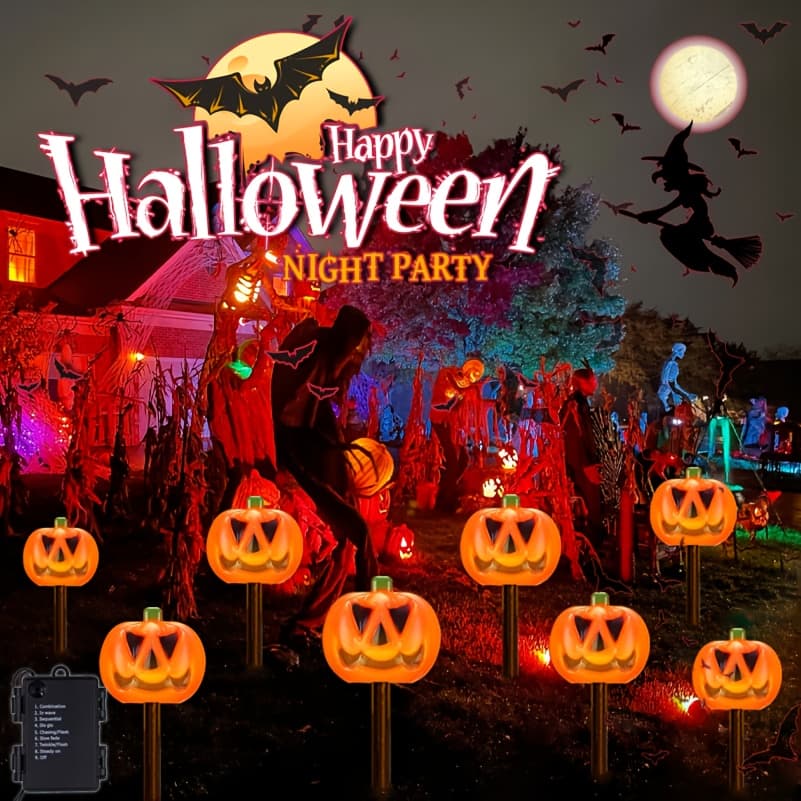 TEMU A Set Of 8 Battery Operate Pumpkin Passage Lights, Suitable For Outdoor Halloween Decoration. 8 Of Outdoor Halloween Lights, Suitable For Halloween Party, Porch, Courtyard And Cemetery Decoration