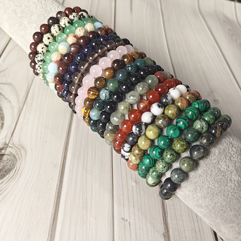 TEMU 20 Bohemian-style Natural Stone Bead Bracelets - 8mm Round Elastic Stretchable, Unisex Colored Additions, Perfect For Daily Wear And Gifting Throughout