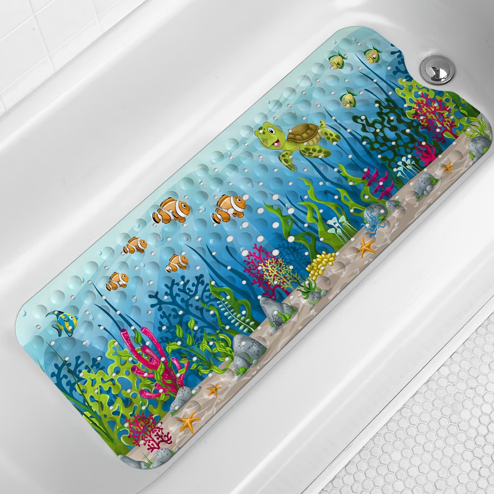 TEMU Non-slip Bath Mat Featuring A Sea Turtle Design, Suitable For Tubs, With Drainage Holes And Suction Cups, Machine Washable (40 X 16 Inches)