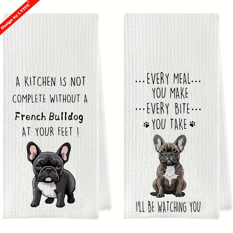 TEMU 2pcs Funny French Bulldog Kitchen Towels Set - Waffle Weave Microfiber Dish Cloths With Cute Frenchie Puppies & Slogans, Absorbent Dish Drying Towels For Dog Lovers, French (black & White)