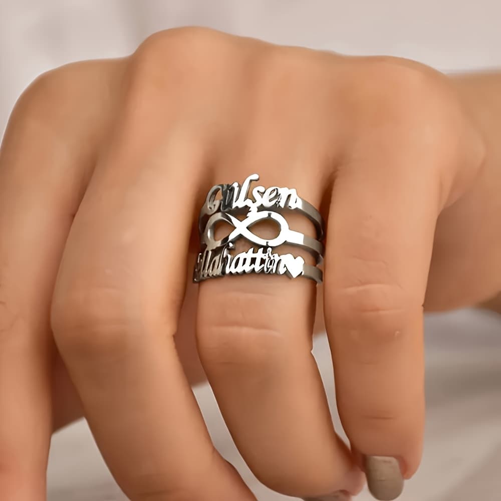 TEMU Personalized Stainless Steel Double-layer Name , 2 Name Rings, Custom Jewelry Gift, Holiday Gift, Thanksgiving Gift, For