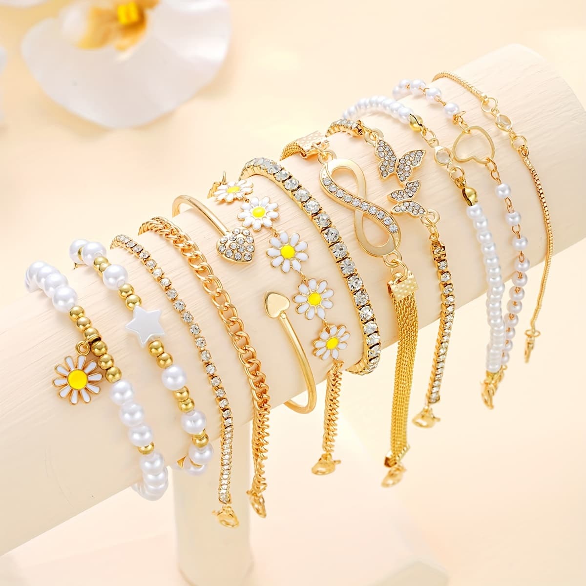 TEMU 12pcs Chic Pearl And Daisy Bracelet Set - Heart, Star, Charms For Women | Perfect For Vacation, Daily Wear And Gifts