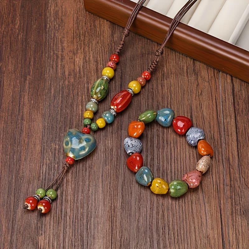 TEMU 2pcs Set Of Colored Ceramic Necklaces And Bracelets, Heart-shaped Necklaces, Heart-shaped Bracelets, Dopamine-colored S' Daily Wear Accessories And Outfit
