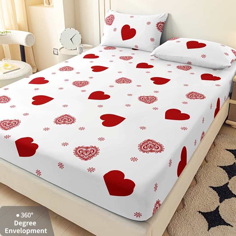 TEMU 3pcs Romantic Heart-shaped Fitted Sheet And Pillowcase Bedding Soft Comfortable Breathable Deep Anti-slip 24h Non-displacement Suitable For Bedroom Student Dormitory All