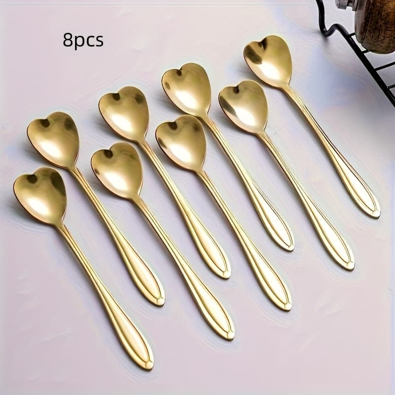 TEMU Set Of 8 Stylish Heart-shaped Stainless Steel Spoons - Ideal For Coffee, Tea, And Mixing - Reflective Kitchen Tools, Coffee Spoons