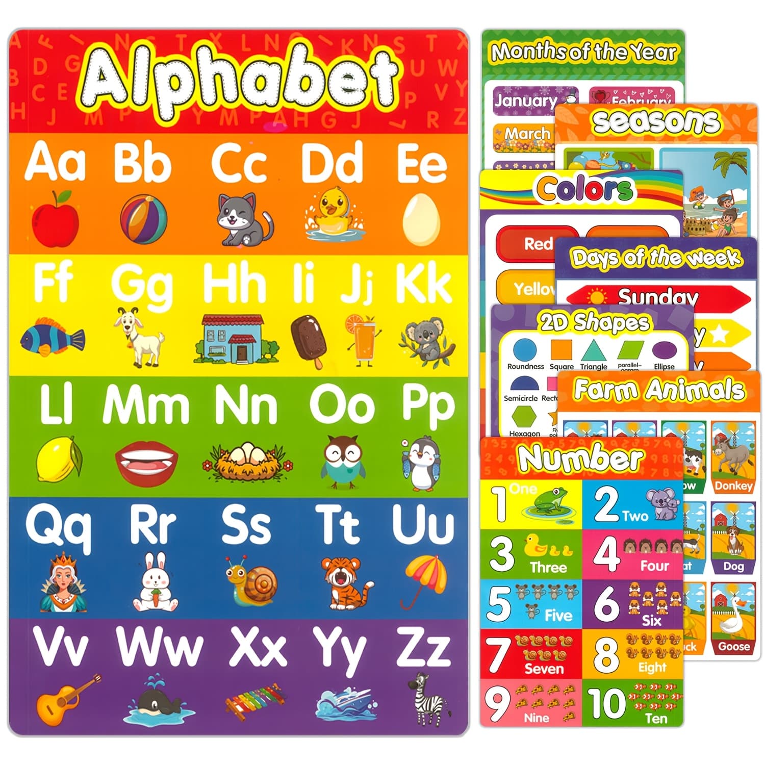 TEMU Set Of 8 Educational Posters Designed For Toddlers, Suitable For Preschool, Elementary, And Homeschooling Environments, For Classroom Decoration For Abc Alphabet, Shapes, Number Chart