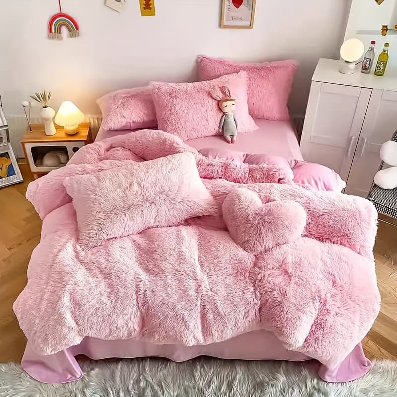 TEMU 3/4pcs Faux Fur Duvet Cover Set W/ Pillowcases And Pillow, Twin/queen/king, Super Soft Cozy Bedding - Duvet Cover (no Comforter)