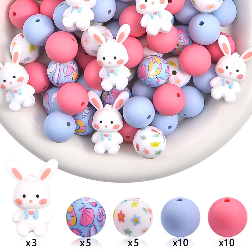 TEMU 33pcs Summer Silicone Beads - 3d Little White Rabbits & Flowers Mixed | Bulk Spacer Beads For Jewelry, Bracelets & Keychains