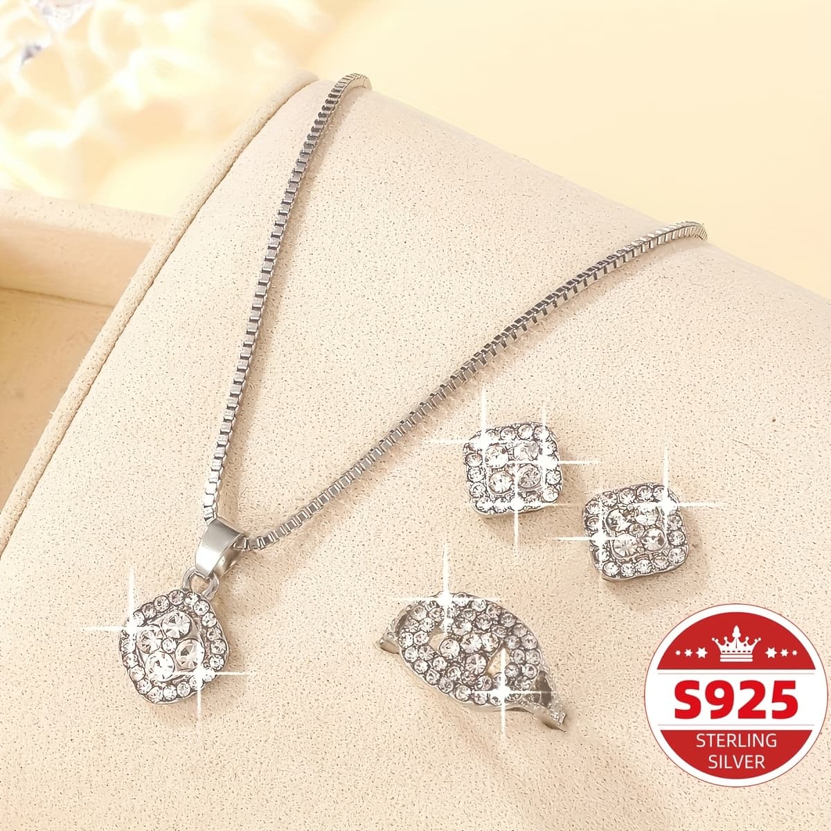 TEMU Elegant Set Of S925 Sterling Silver Pendant Necklace, Earrings, And Ring Designed For Men.