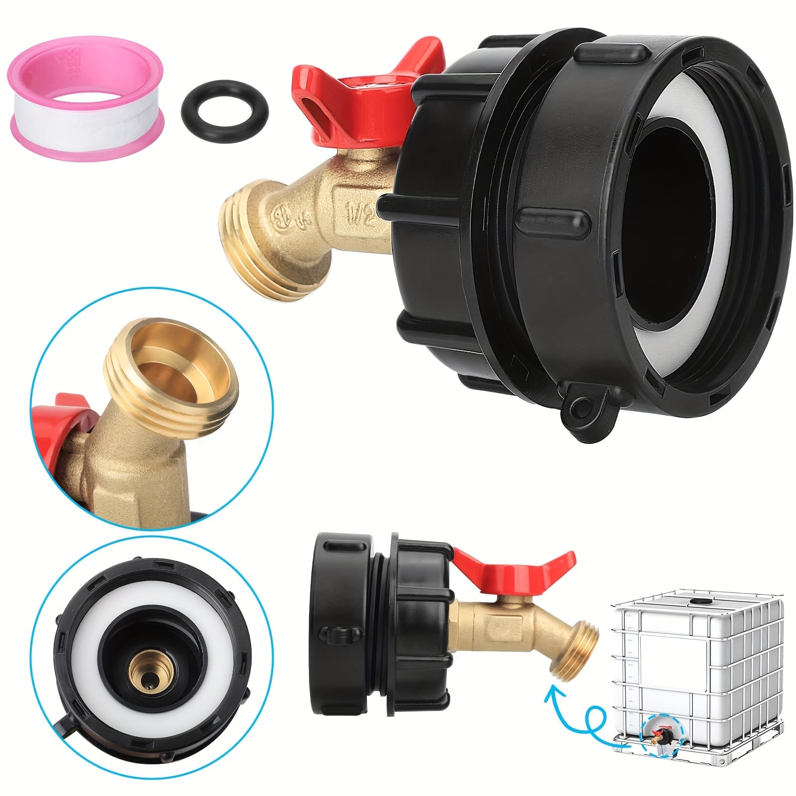 TEMU Heavy-duty Ibc Tote Adapter With 2.4" Fine Thread, 3/4" Faucet Hose Shut-off Valve With Leak-proof Design, 275-330 Gallon Connector For Garden And Lawn Watering