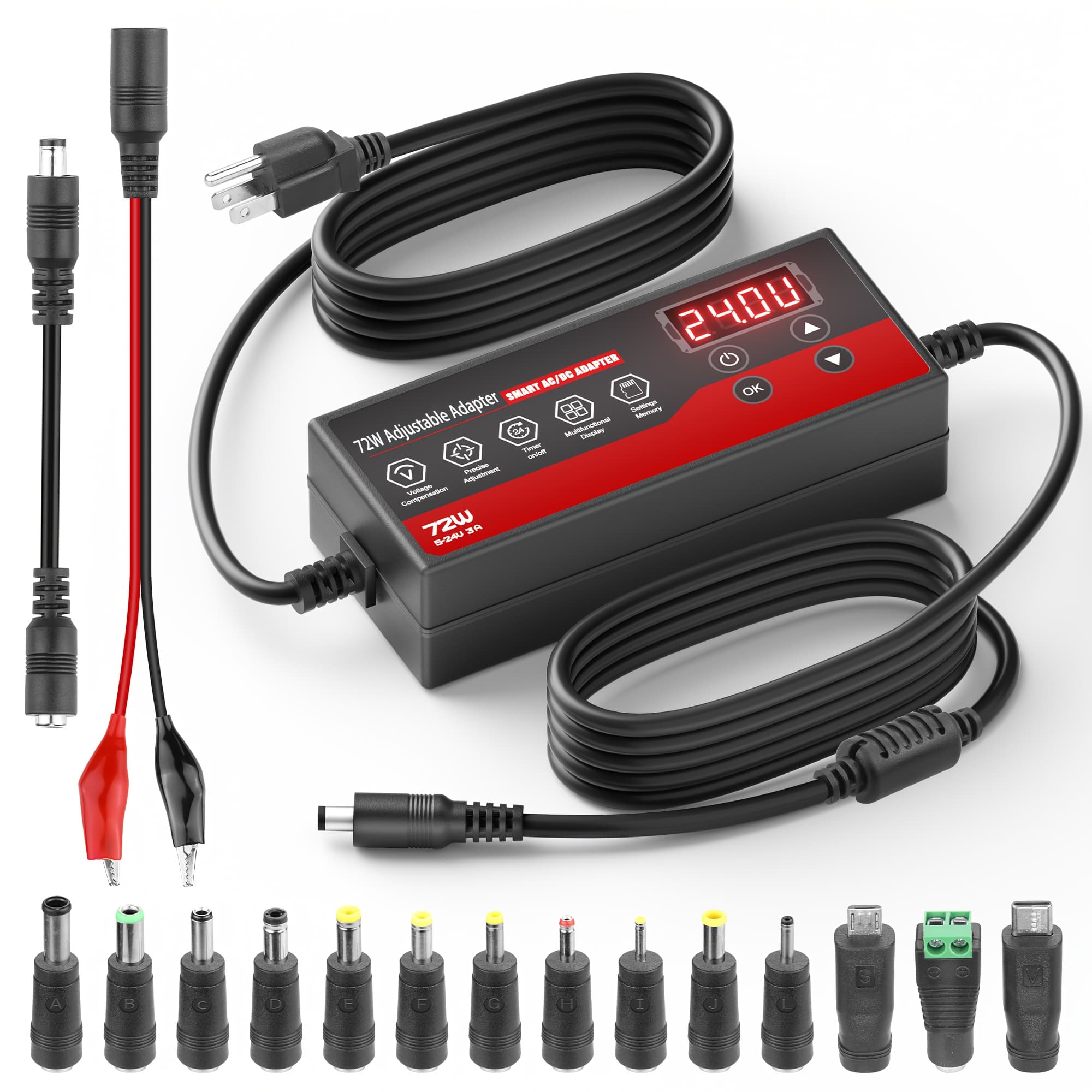 TEMU 72w Ac To Adjustable Power Supply Adapter, 5v-24v 3a Variable Voltage Regulator With Voltage Drop , Timer & Lcd Display, 14 Tips + Alligator Clips For Led Lights, Electronics, Routers
