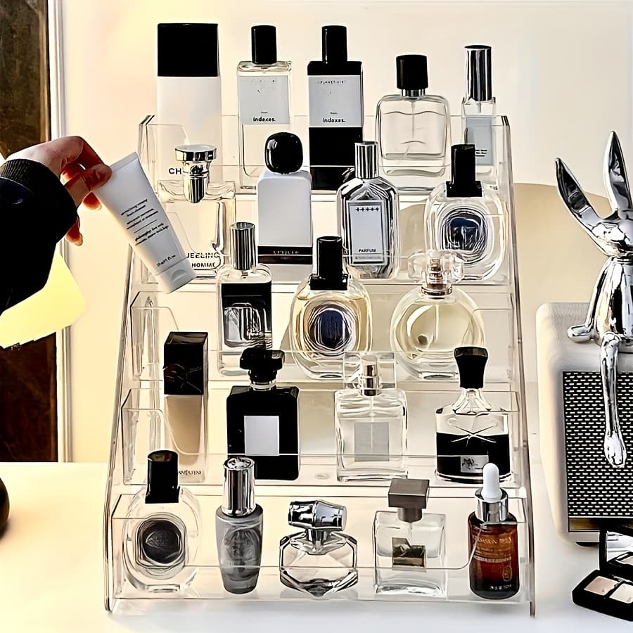 TEMU 1pc Clear Acrylic Multi-tier Perfume Storage Box, Transparent Layered Organizer For Cosmetics And Skincare Products, Compact Countertop Display Shelf, Perfect For Vanity Tables.
