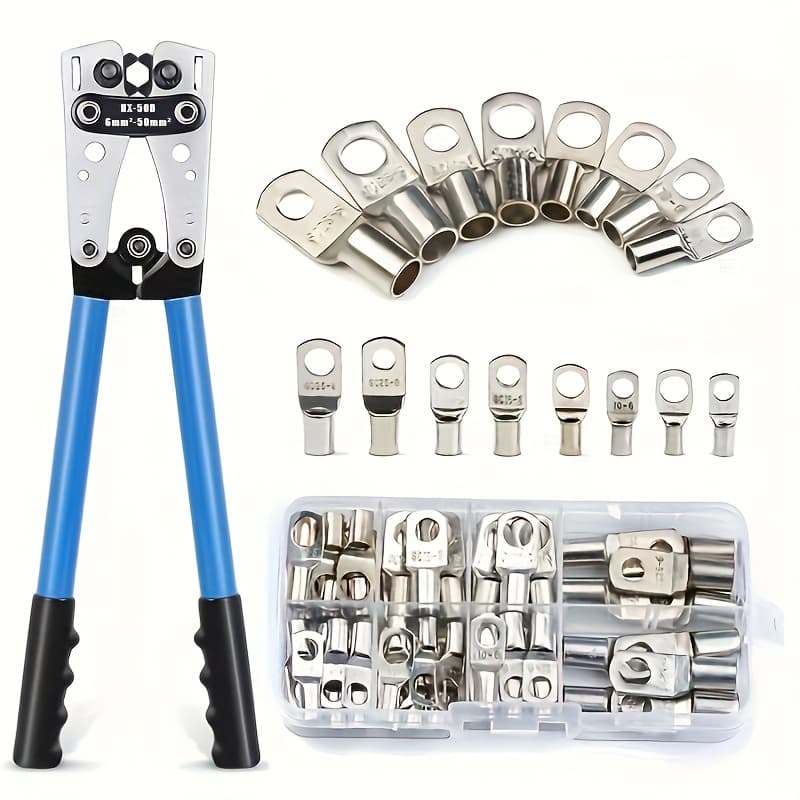 TEMU 60pcs Clelo Heavy-duty Copper Ring Terminal & Hx-50b Crimping Kit - Complete Wire Connector With Crimping Pliers, Color-coded Connectors (sc6-6/sc10-8/sc16-6/sc25-8) For Automotive, Solar, Wiring