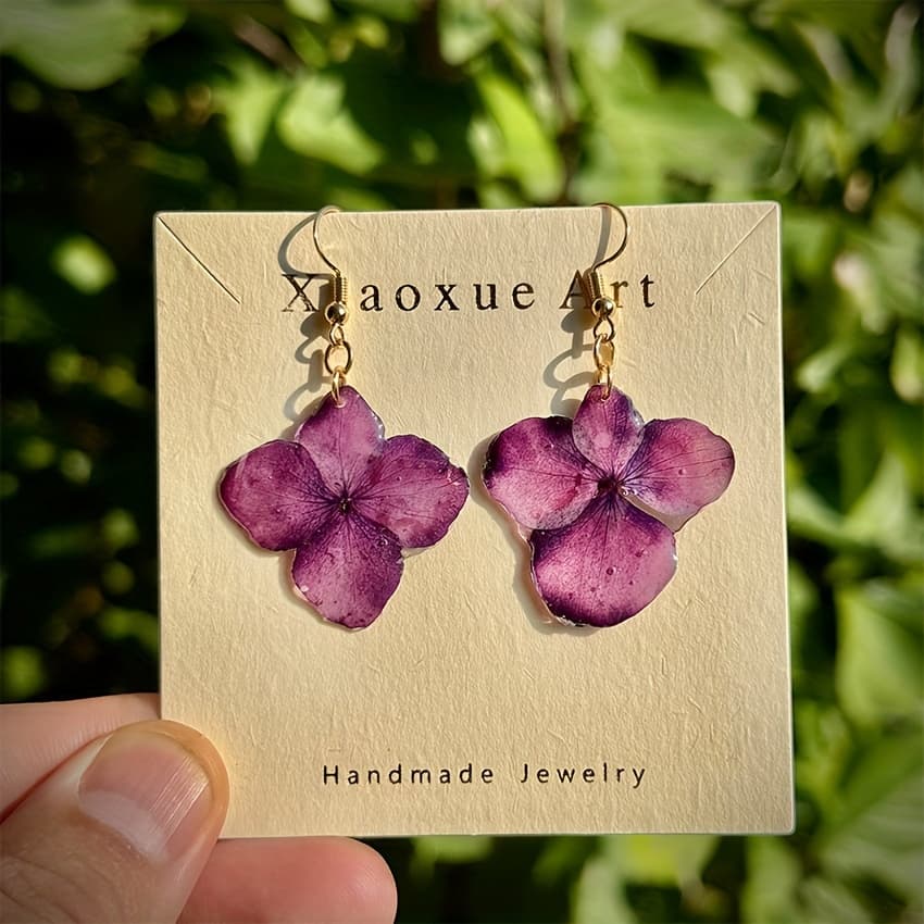 TEMU Inspired, Handcrafted Purple Hydrangea Resin Dangle Earrings - Chic Copper Hooks, Perfect For Parties & Gifts