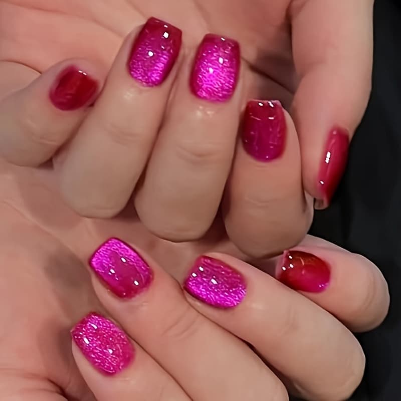 TEMU 60pcs Glossy Cat-eye Press-on Nails - Short Square Fake Nails With Shimmering Pink To Magenta Tips, Gel Nail Extensions For Women, Easy Application And Long-lasting Wear (no Lamp)