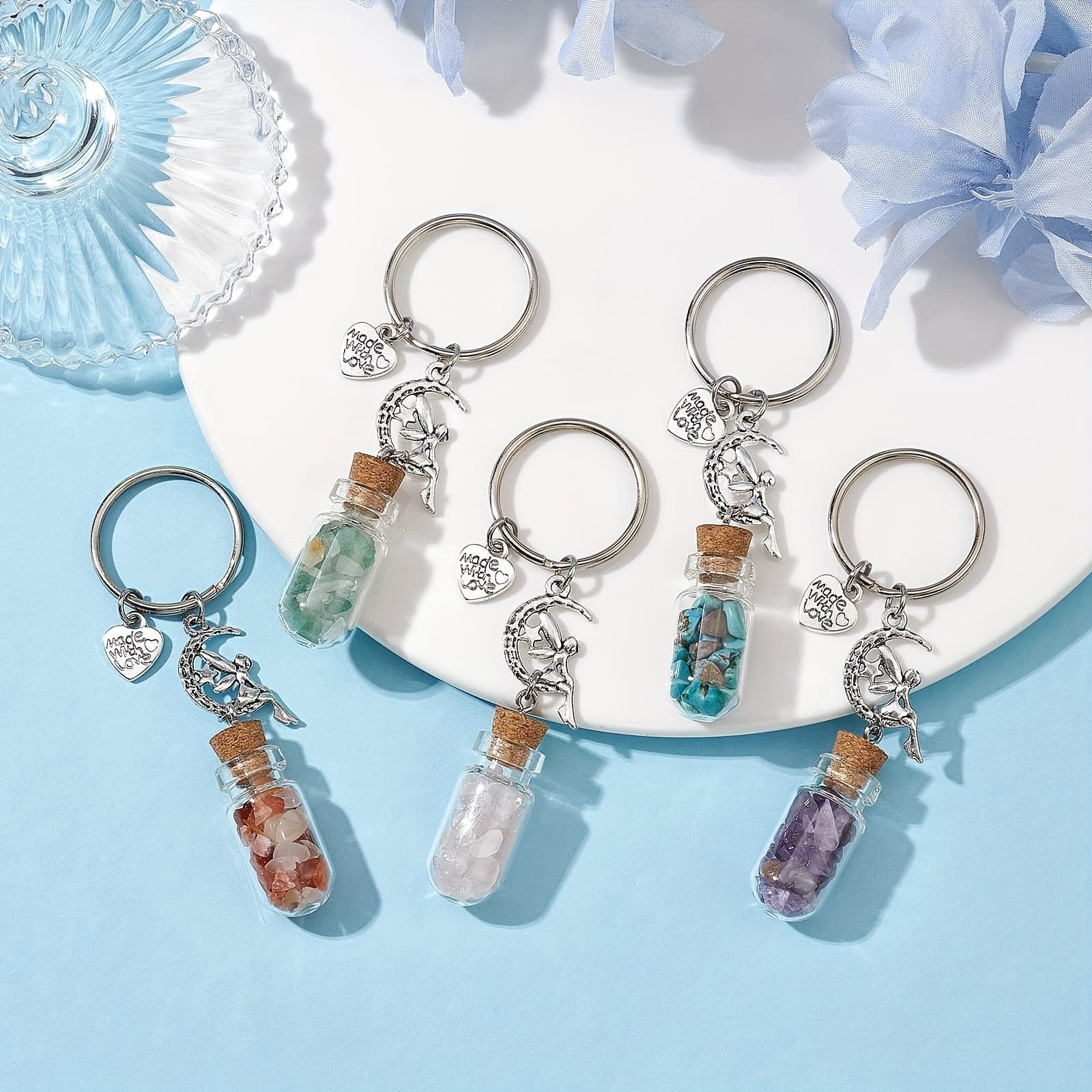 TEMU 25pcs Set Of Mixed-color Glass Wishing Bottle Pendants, Keychains, And Crushed Stone Beads, Suitable For Car Keys, Mobile Phone Chains, Hanging Decorations, And Packaging Ornaments