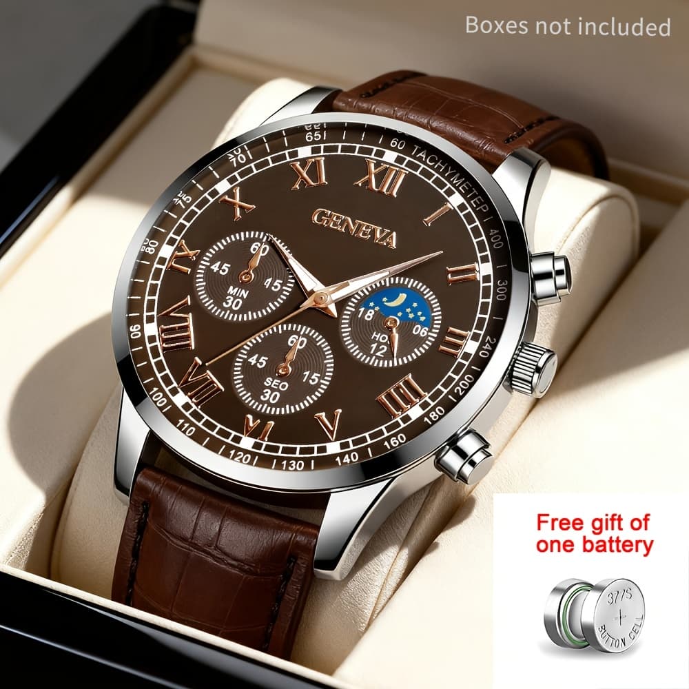 TEMU 3pcs/1pc New Stylish Men's Casual Trendy Round Quartz Watch Set With Faux Leather Strap, Perfect For Valentine's Day, Easter, Ramadan, Birthdays, Christmas, And As Gifts For For Eid