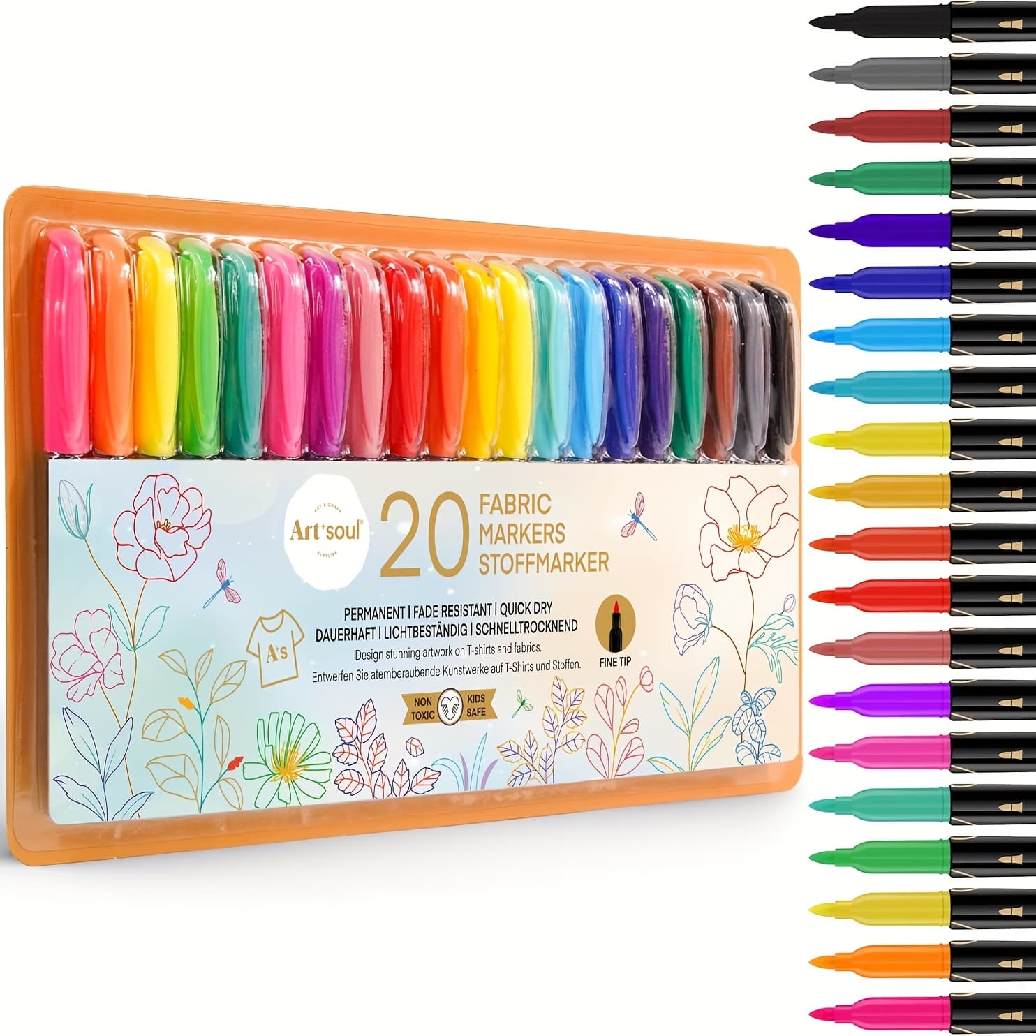 TEMU Fabric Markers, 20 Colors, Fine Tip, Permanent Quick, Fade- For T-shirts And Textiles, Textile Decoration, Sewing Projects, Detailed Marking, , Professional Art Use