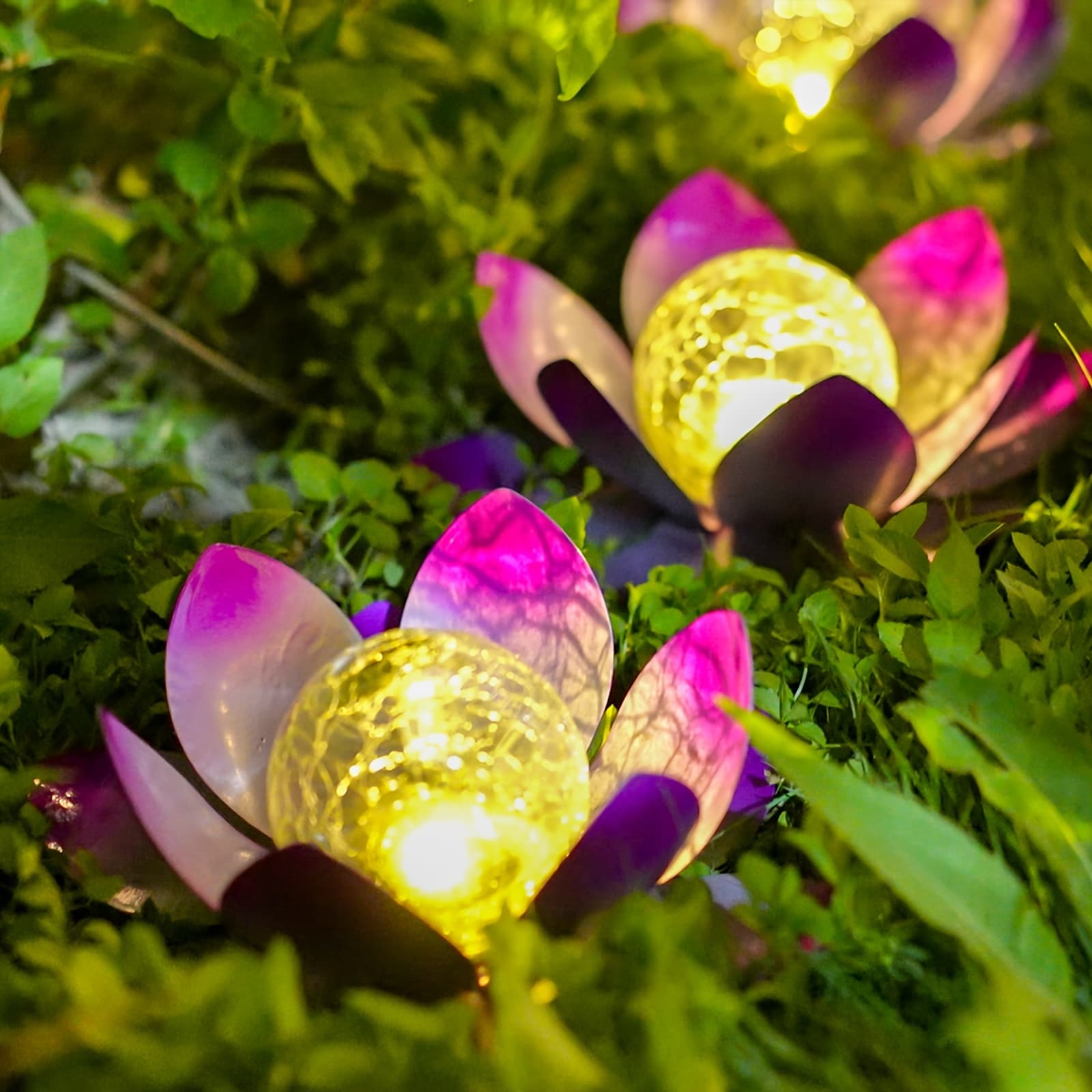 TEMU 2pcs Outdoor Solar For Lights, Solar Purple For Lotus Lights, Cracked Glass With Led Lights, Garden Decorative Lights For Patio, Lawn, Terrace