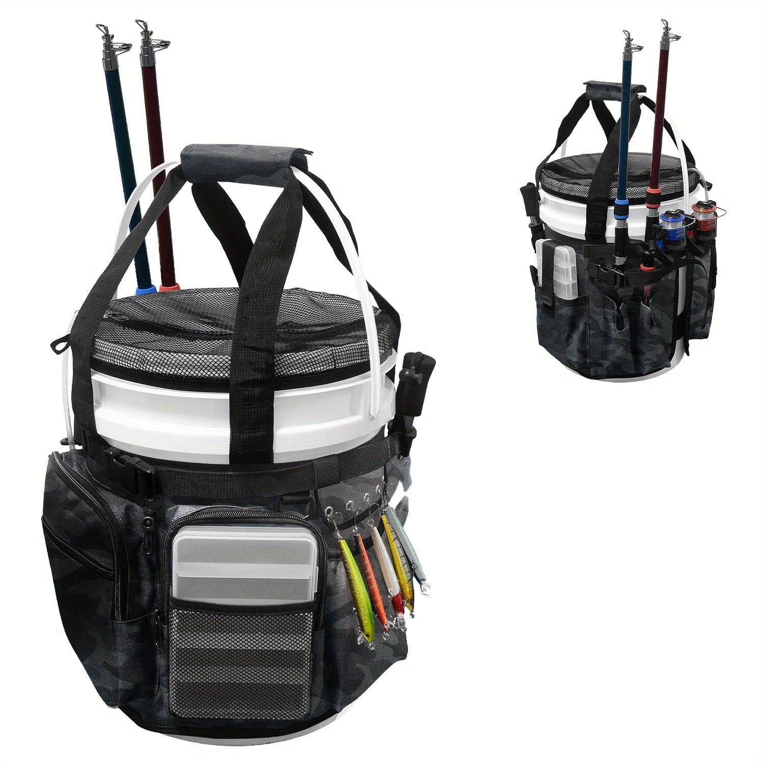 TEMU 5 Gallon Fishing Bucket Organizer With Bucket Cover, Outdoor Ice Fishing Tackle Bag With Rod & Plier Holder, Multi-pockets For 5 Gallon Bucket Fishing Gear & Accessories