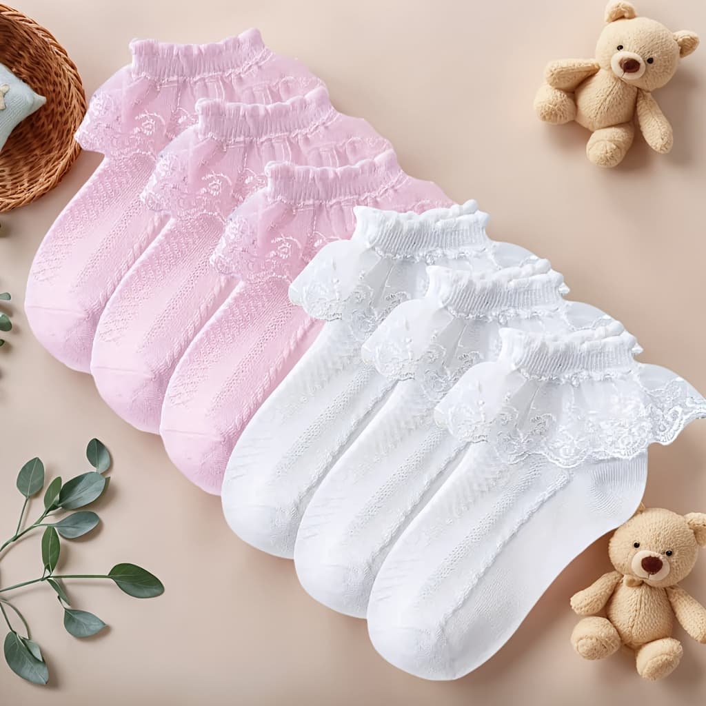 TEMU 6 Pairs Girls Lace Style Ruffle Ankle Socks For Kids & Toddlers Thickened Design