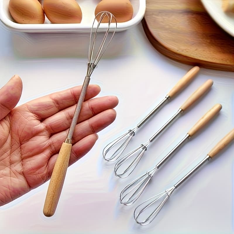 TEMU Stainless Steel Mini Whisk With Wooden Handle - Multifunctional Manual Egg Beater, Frother, And Coffee Stirrer For Baking, Mixing, And Whipping - Essential Kitchen And Dining Tool, Gift