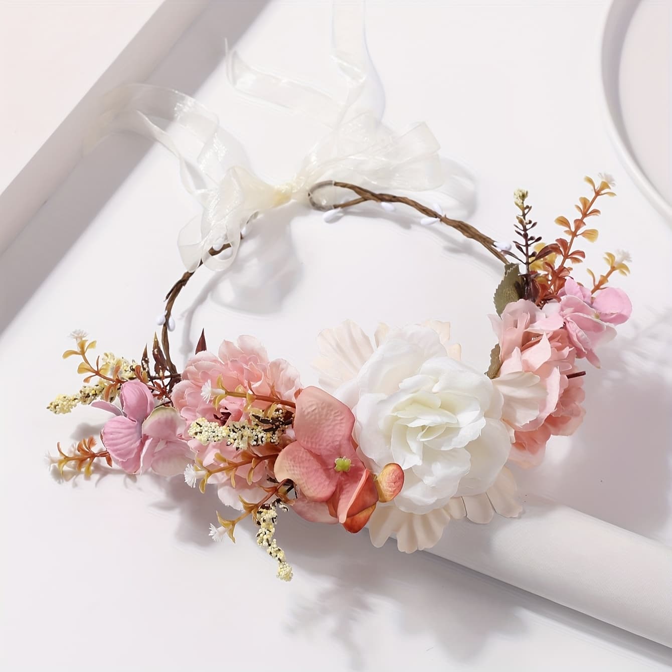 TEMU 1 Bohemian-style Artificial Flower Hair Accessory, European And -style Bridal Wreath Headpiece, Dress And Veil, Romantic Photo Shoot Styling Hair Accessory