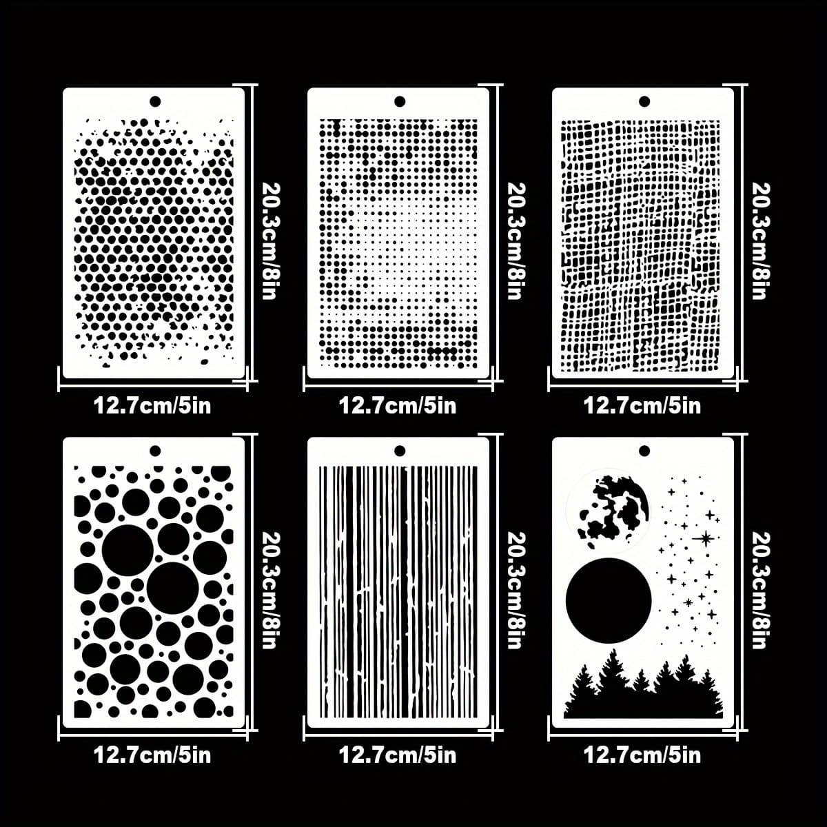 TEMU Set Of 6 Reusable Plastic Templates Featuring Of A Circular Point, Vertical Trees, And A Starry Sky, Perfect For Painting, Scrapbooking, And Gifts