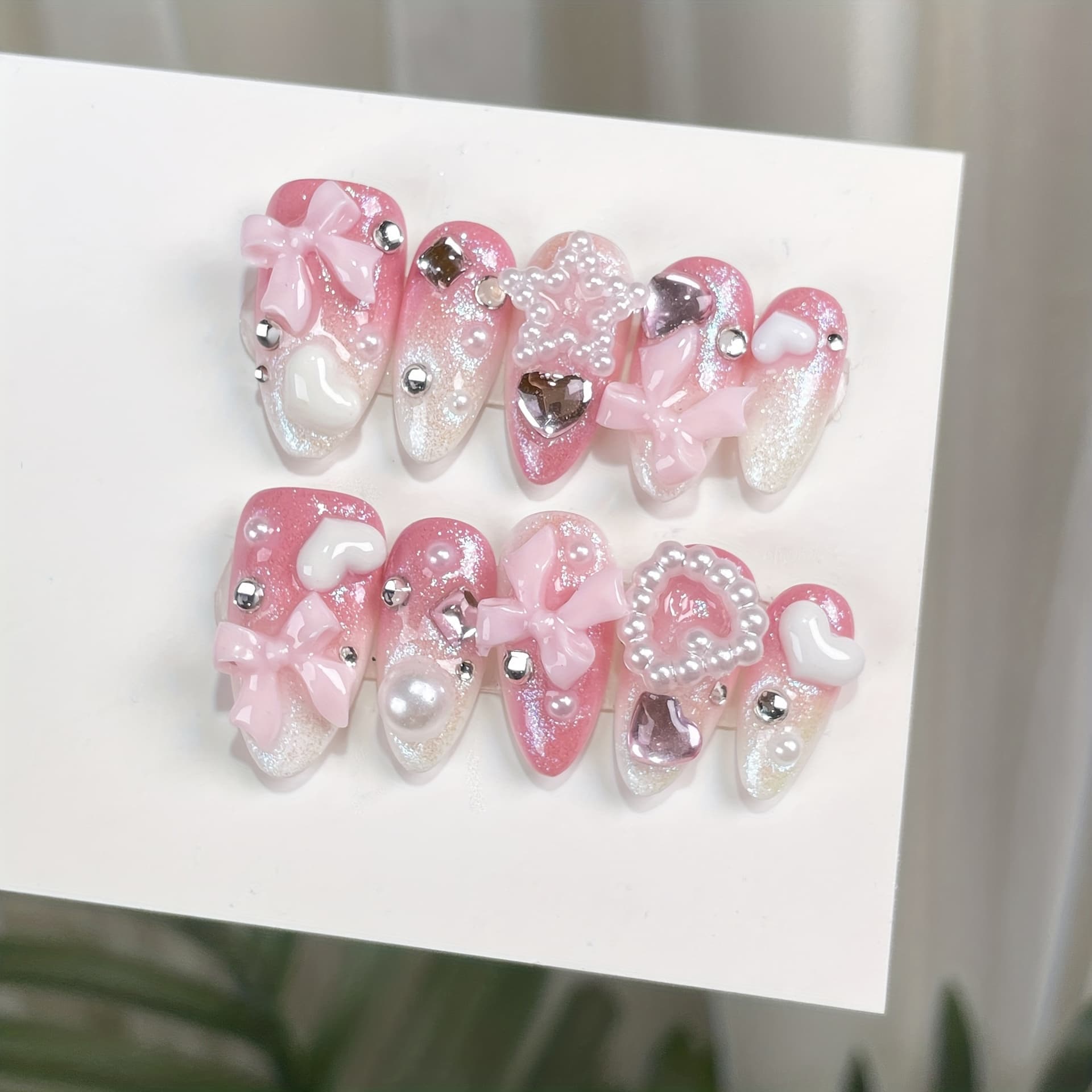 TEMU 10pcs Set Of Gradient Bow Handmade Nail Stickers, Fake Nail Stickers