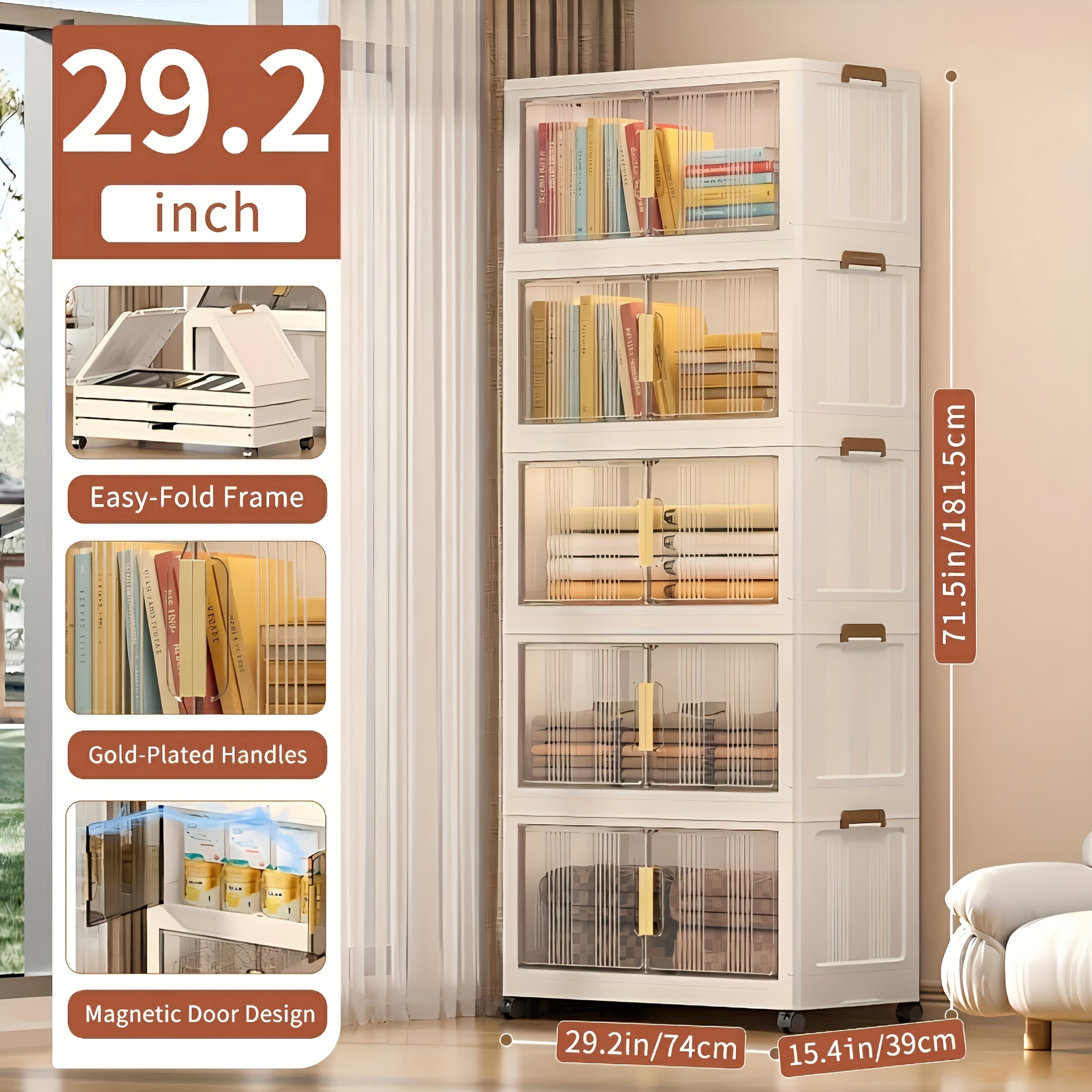 TEMU 29.2in Large Foldable Storage Bins With Lid And Wheels Stackable Plastic Storage Boxes Double Door Storage Containers 3/4/5 Tier For Kitchen Pantry Living Room Bathroom Garage