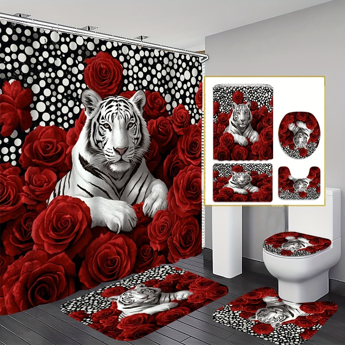 TEMU White Tiger Roses Shower Curtain, Striped Tiger Bathroom Decor, Shower Curtain Set Includes, U-shaped, Toilet Lid Cover, 12 Hooks 180x180cm Curtain, Exotic Wildlife, Halloween Decorations