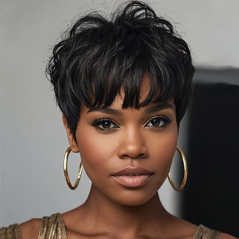 TEMU Short Wig With Bangs For Women Synthetic Wigs For Women Fashion Wavy Hair Short Black Hairstyles For Women
