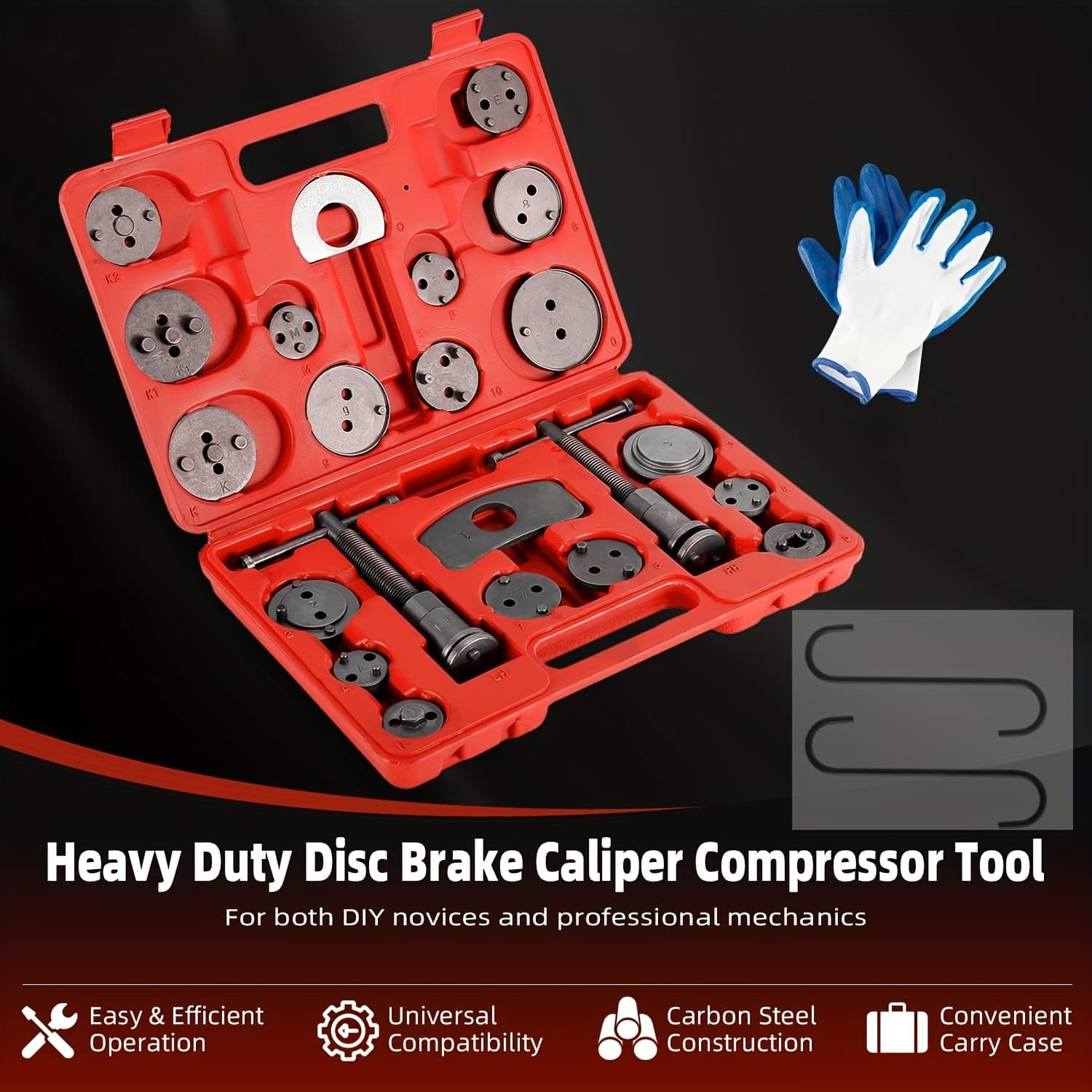 TEMU Keceyu Heavy Duty Disc Brake Piston Caliper Compressor Wind Back Tool Kits Universal Sets For Brake Pad Replacement With Hanger Hooks-26pcs Gloves And Hooks Have Red And Blue
