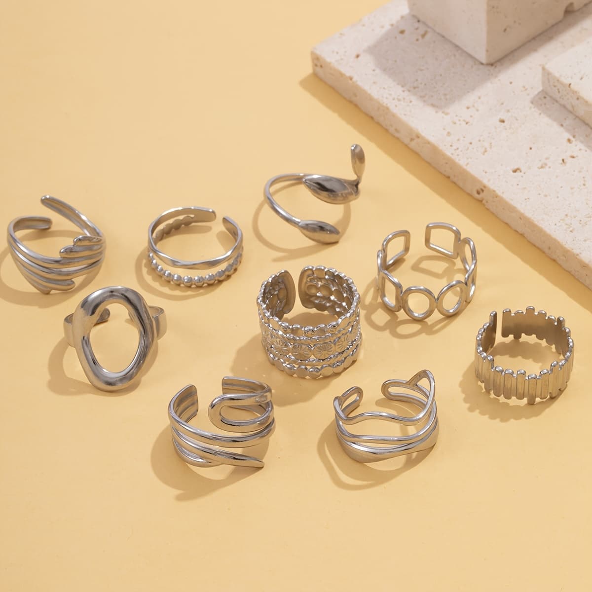 TEMU 9pcs Of Fashionable Stainless Steel Rings, Minimalist Hollow Geometric Special-shaped Design Stackable Rings - A Casual And Versatile , For Her, Suitable For