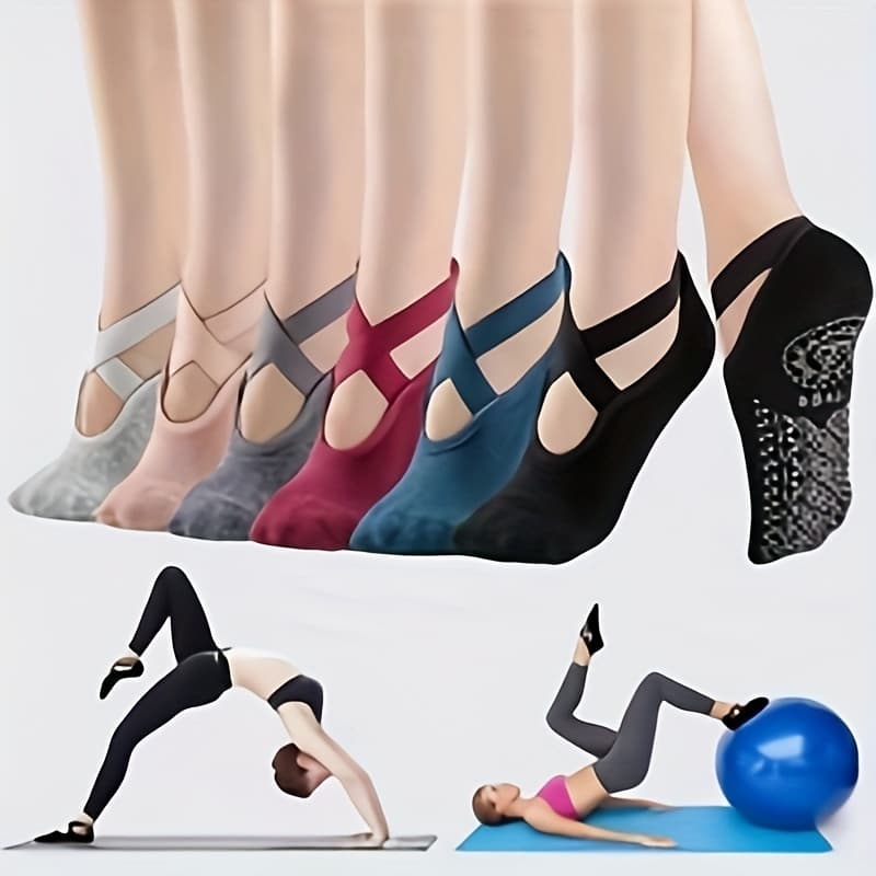 TEMU 6 Pairs Of Women's Yoga Socks, Silicone Anti Slip Boat Socks, Cross Tied Fitness Pilates, Soft And Comfortable Dancing Socks