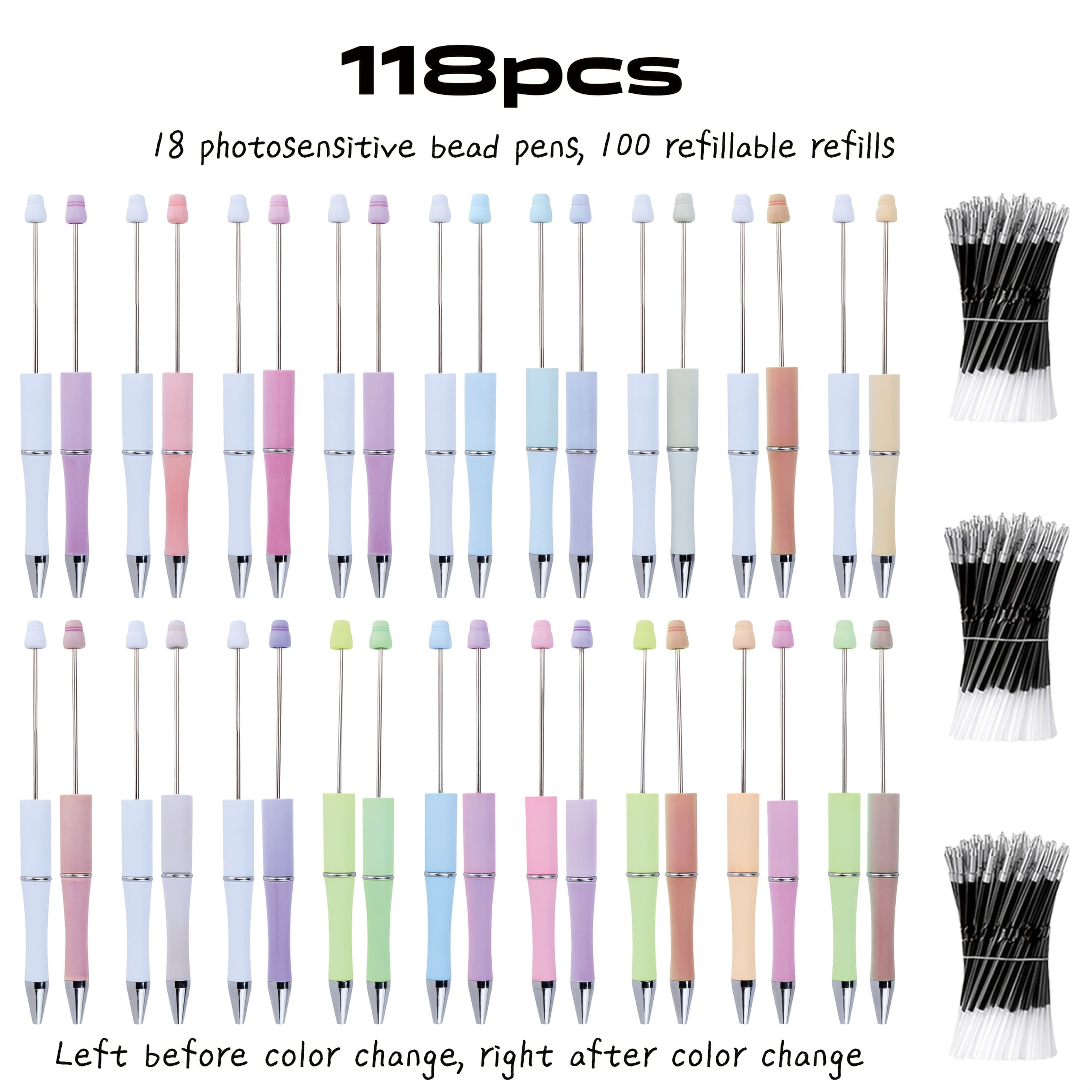 TEMU 118pcs -changing Beaded Pen Set, 18 Pens +100pcs Replaceable Pen Refights, Pen Light-sensitive Beaded Pens, Office Pens, Black Gel Ink Pens, Party Gifts, School Supplies