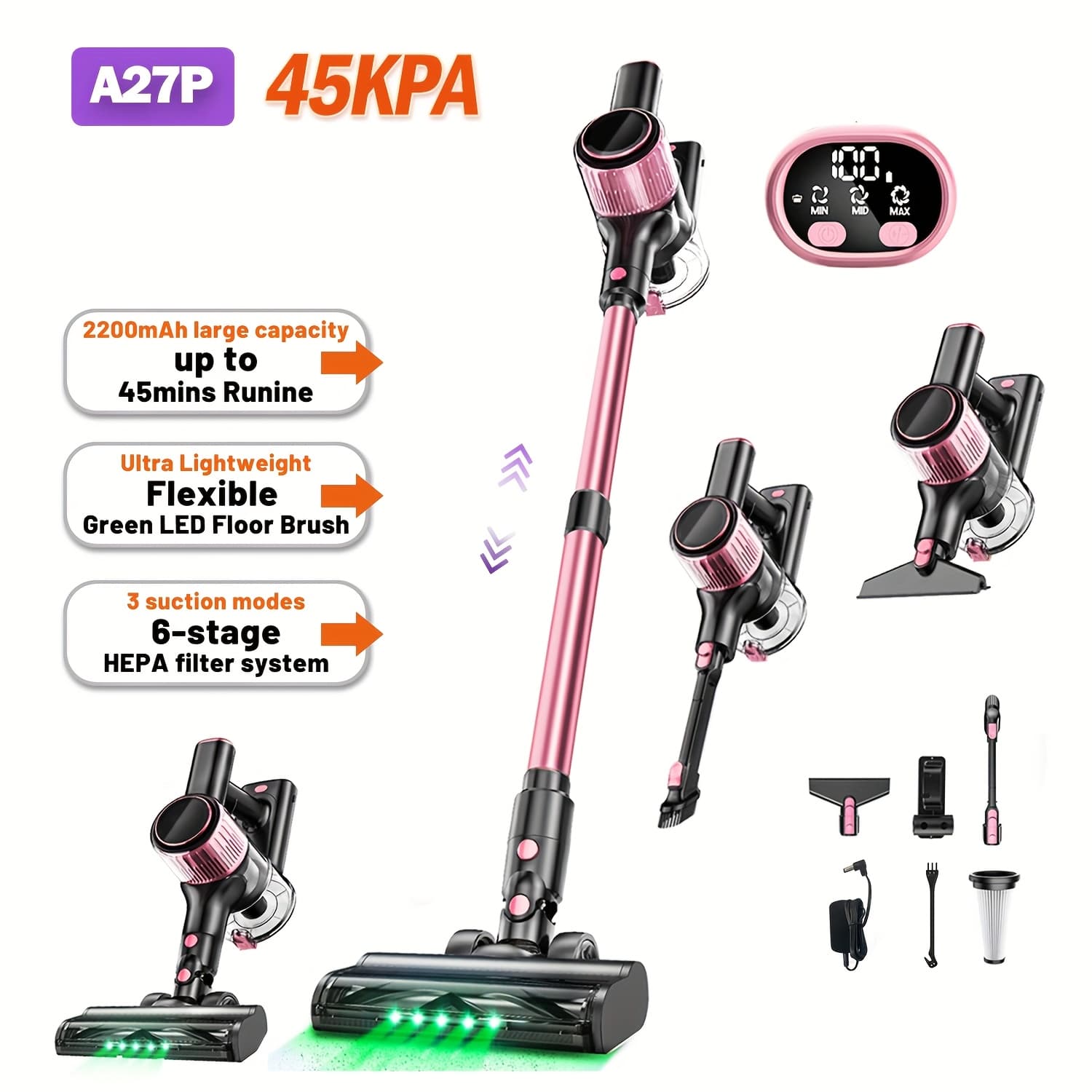 TEMU Cordless Vacuum Cleaner, Lightweight Powerful Suction Vacuum, 45 Minutes Running Time, With Anti- Brush And Upgraded Green Light, 2200mah, Lightweight Cleaner For Home, Hardwood Floors, Pet Hair
