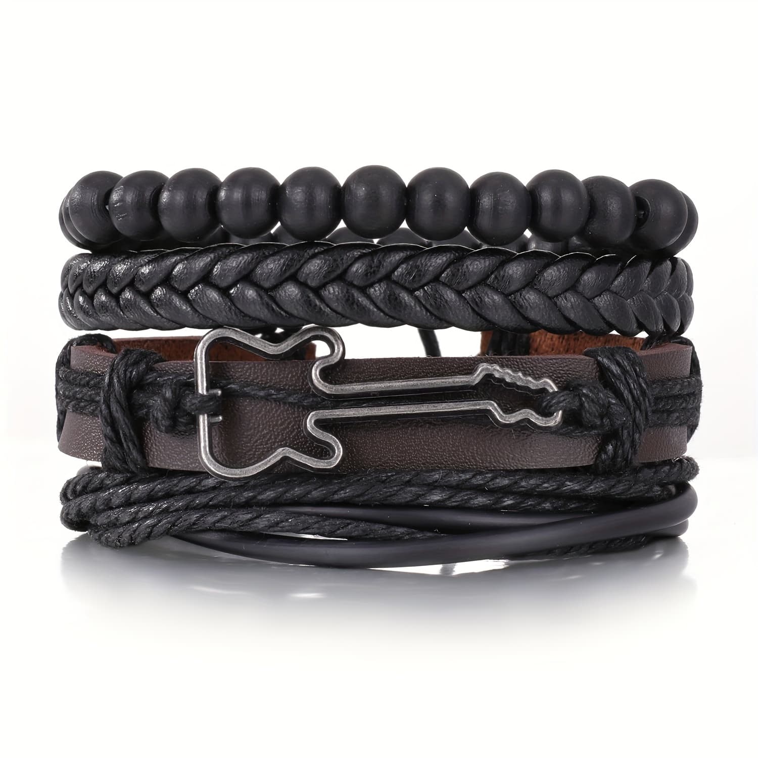 TEMU 4pcs Guitar Artificial Leather Bracelet Black Wooden Pillars Beaded Bracelet Fashion Men's Jewelry