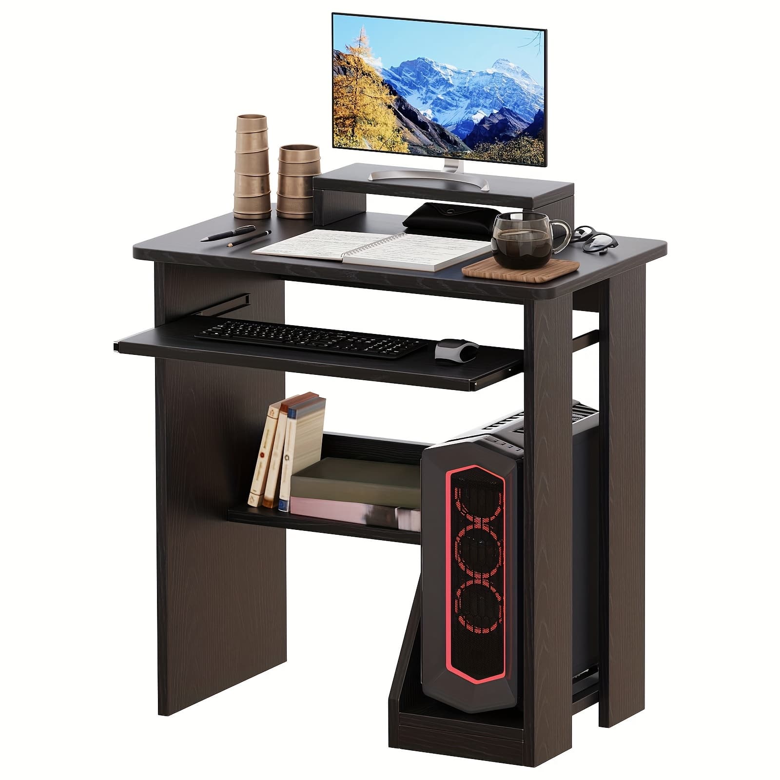 TEMU Compact 30-inch Computer Desk Designed For Spaces, Featuring Shelves And A Keyboard Tray, A Standing Desk With , Ideal For Home Office Or Study Use With A Monitor Stand